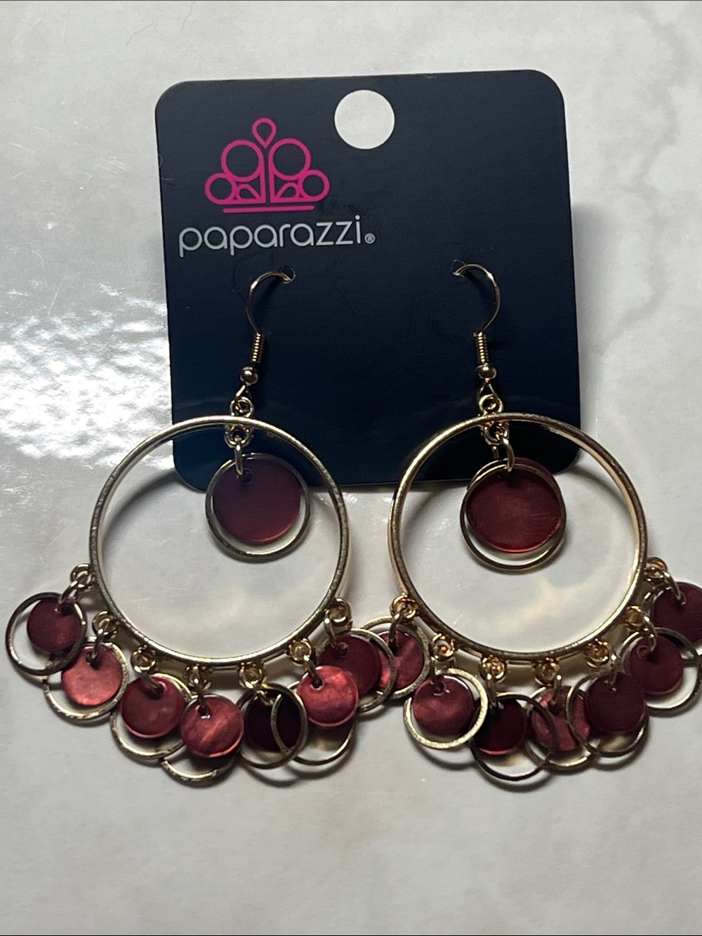 Paparazzi Gold Hoop Earrings with Burgundy Discs and Dangles